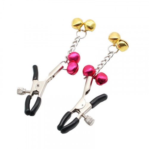 CUTIE Adjustable Nipple Clamps -Soft Rubber Metal Tweezer Nipple Clamps with Gold Bell, Fetish Breast Clit Sensual Bondage Two Nipple Clip